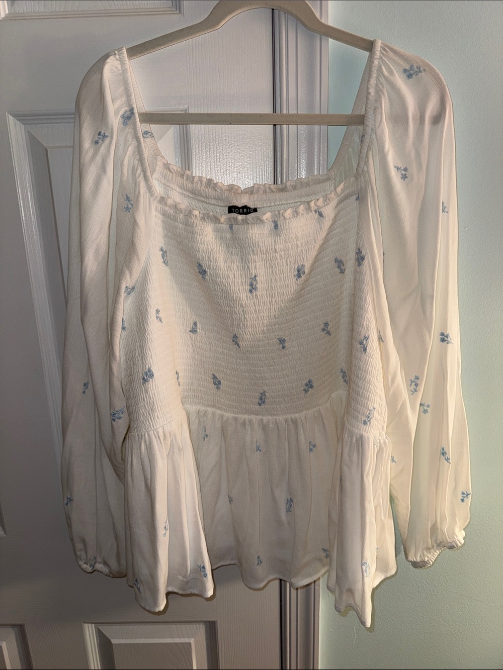 torrid Cream Peasant Blouse with Light Blue Floral Motif
